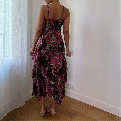 Vintage Brown Pink Floral Mesh Midi Dress Y2K Fairy Grunge Slip Dress (M) ⠀