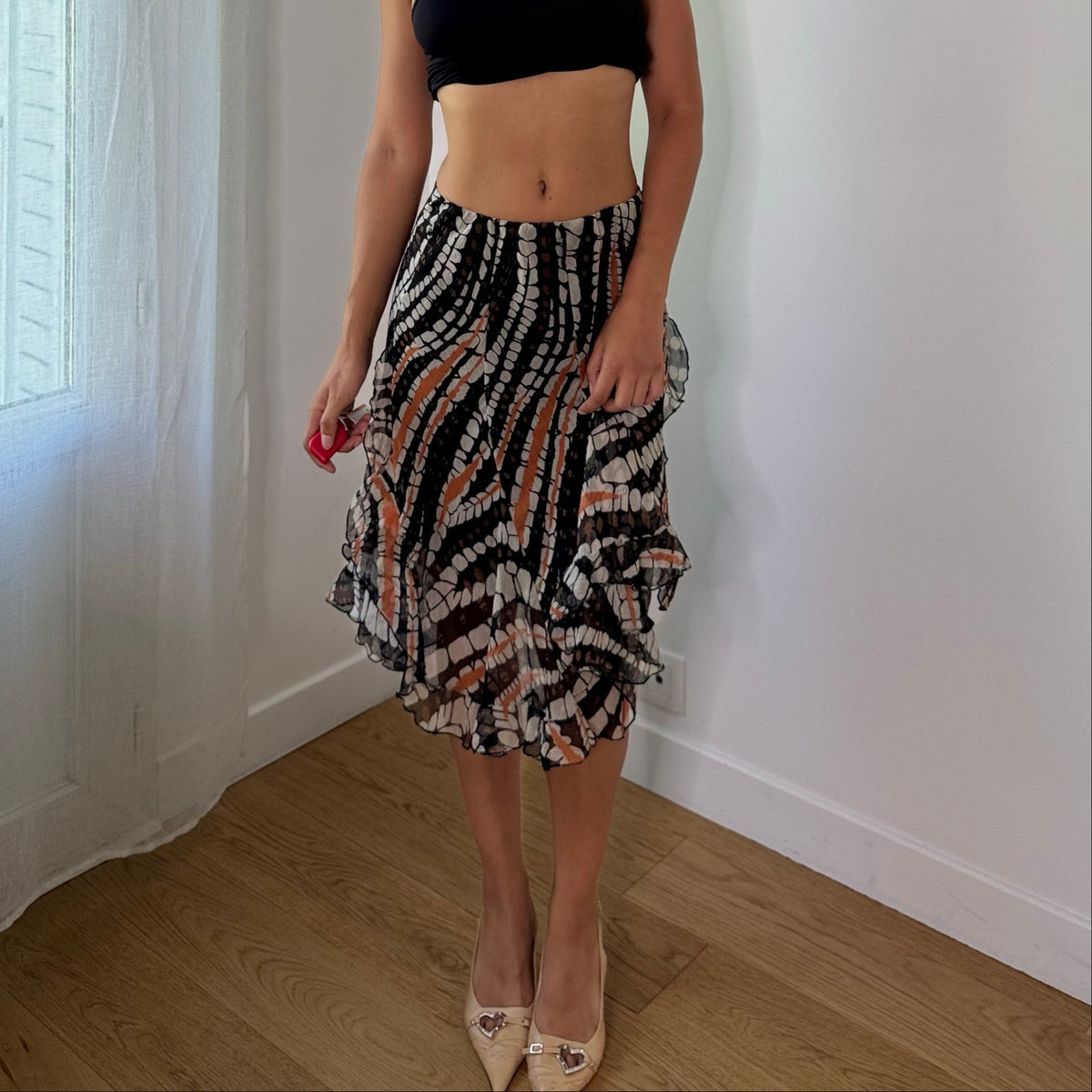 Vintage Italian Black & Orange Abstract Mesh Midi Skirt (S)
