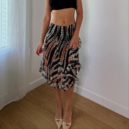 Vintage Italian Black & Orange Abstract Mesh Midi Skirt (S)