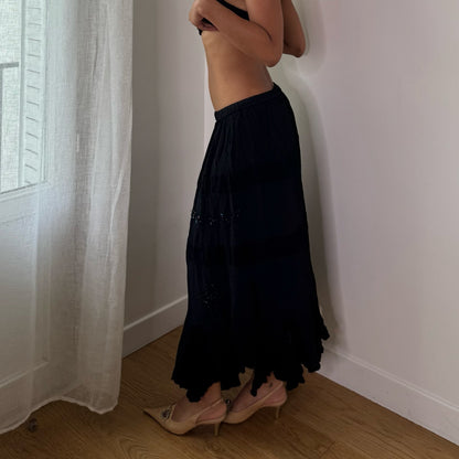 Vintage Black Embellished Flowy Maxi Skirt Euro Y2K (S/M)