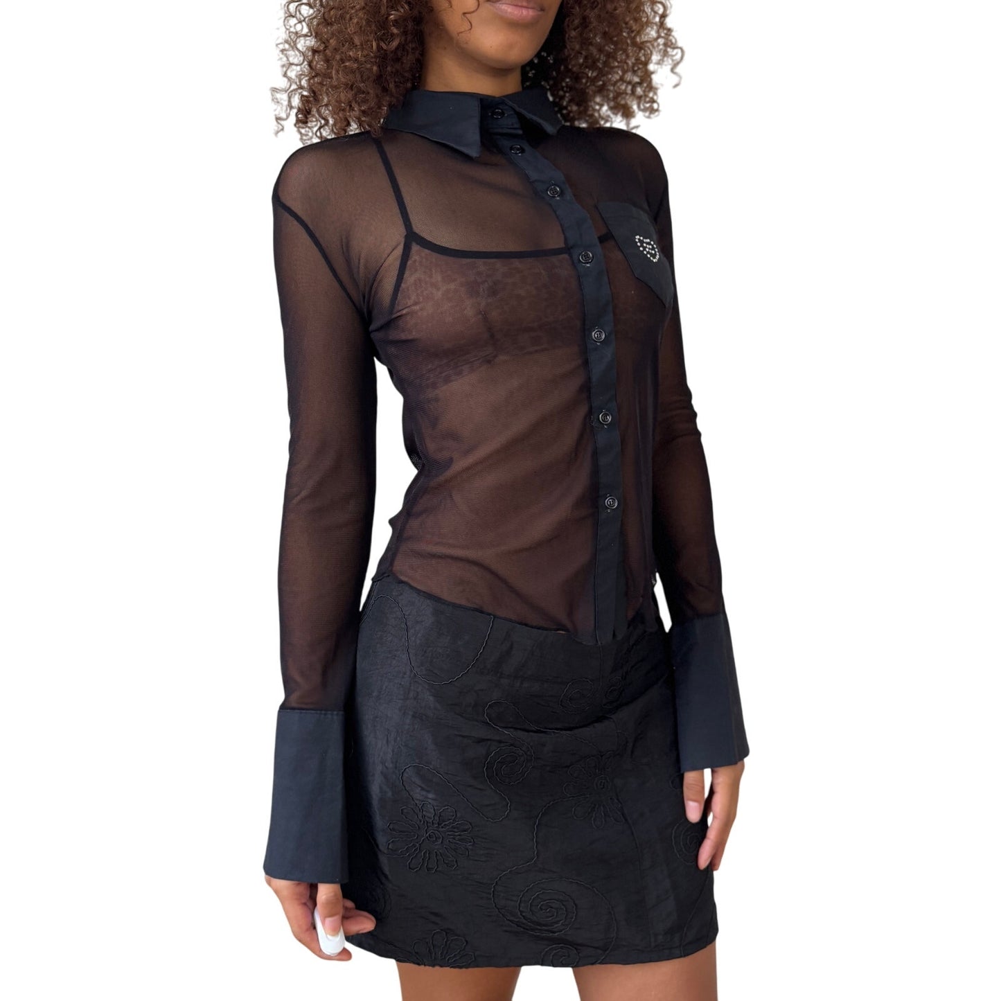 Italian Mesh Sheer Button-Up with Rhinestone Pocket (Small)