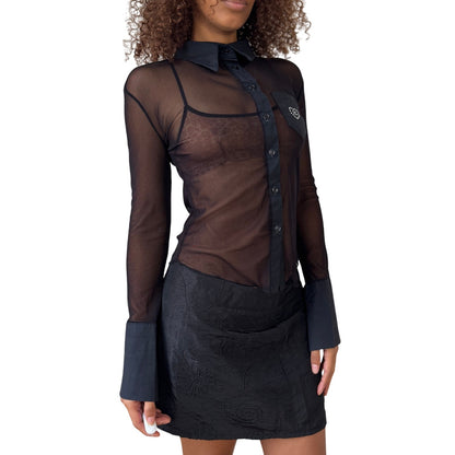 Italian Mesh Sheer Button-Up with Rhinestone Pocket (Small)