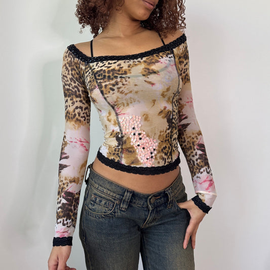 Vintage Leopard Print Mesh Top Sequin Detail Off Shoulder Italy Y2K (XS/S) ⠀