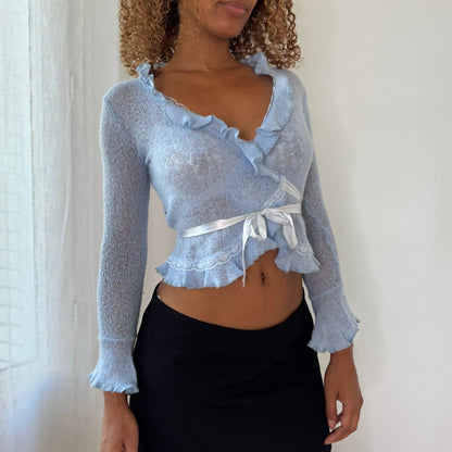 French Vintage Baby Blue Sheer Wool Knit Wrap Cardigan with Ruffle Lace Trim & Satin Tie