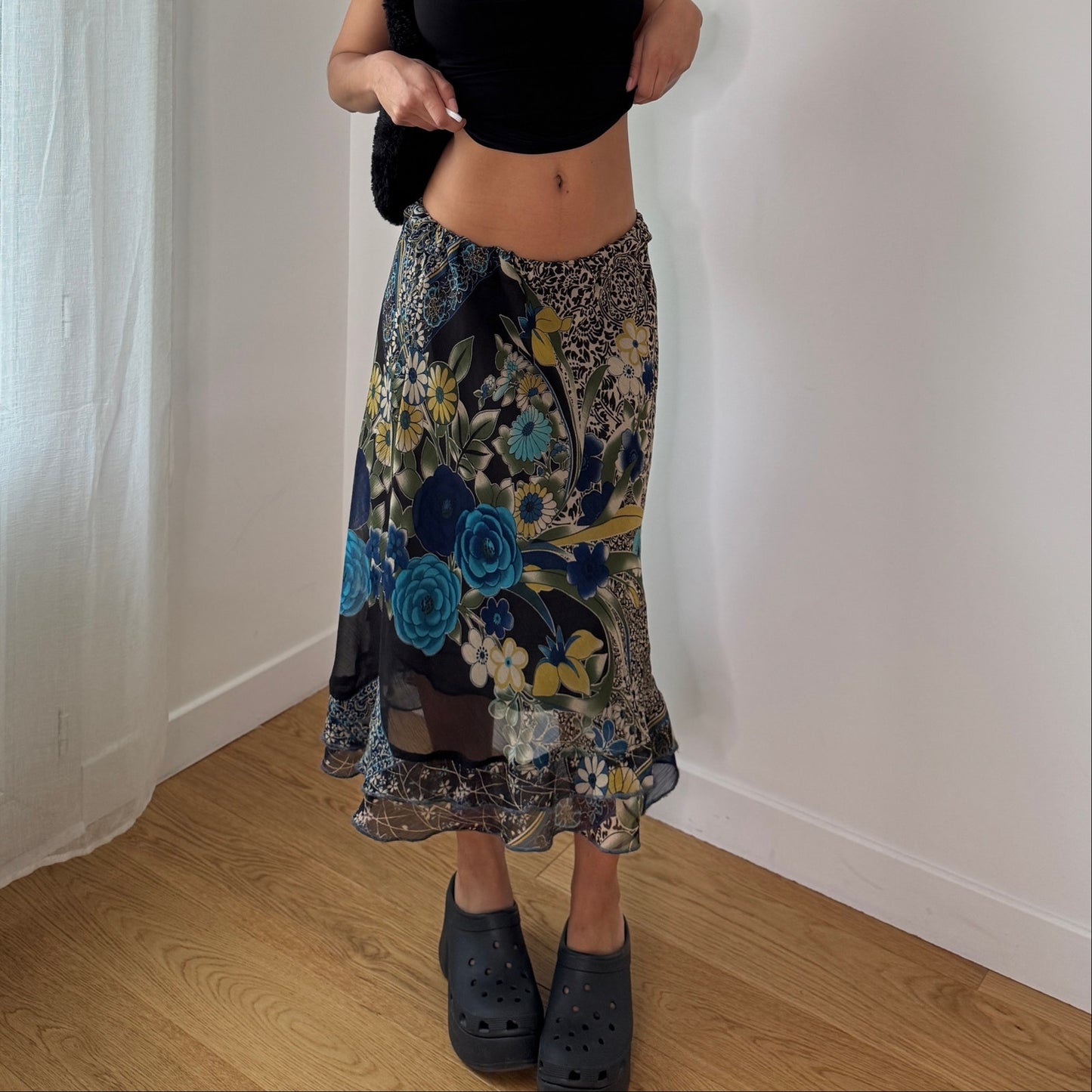 Vintage Blue Rose Floral Mesh Midi Skirt Sheer Layered Y2K Skirt (S) ⠀