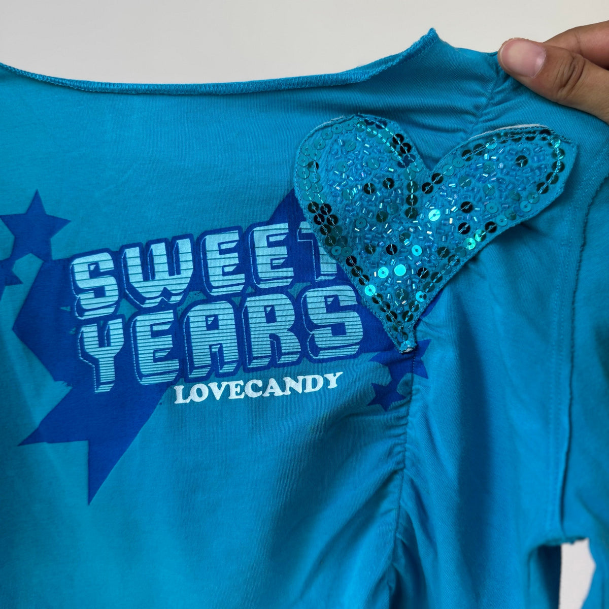Vintage Turquoise Graphic Long Sleeve Top Glitter Heart Y2K (S)