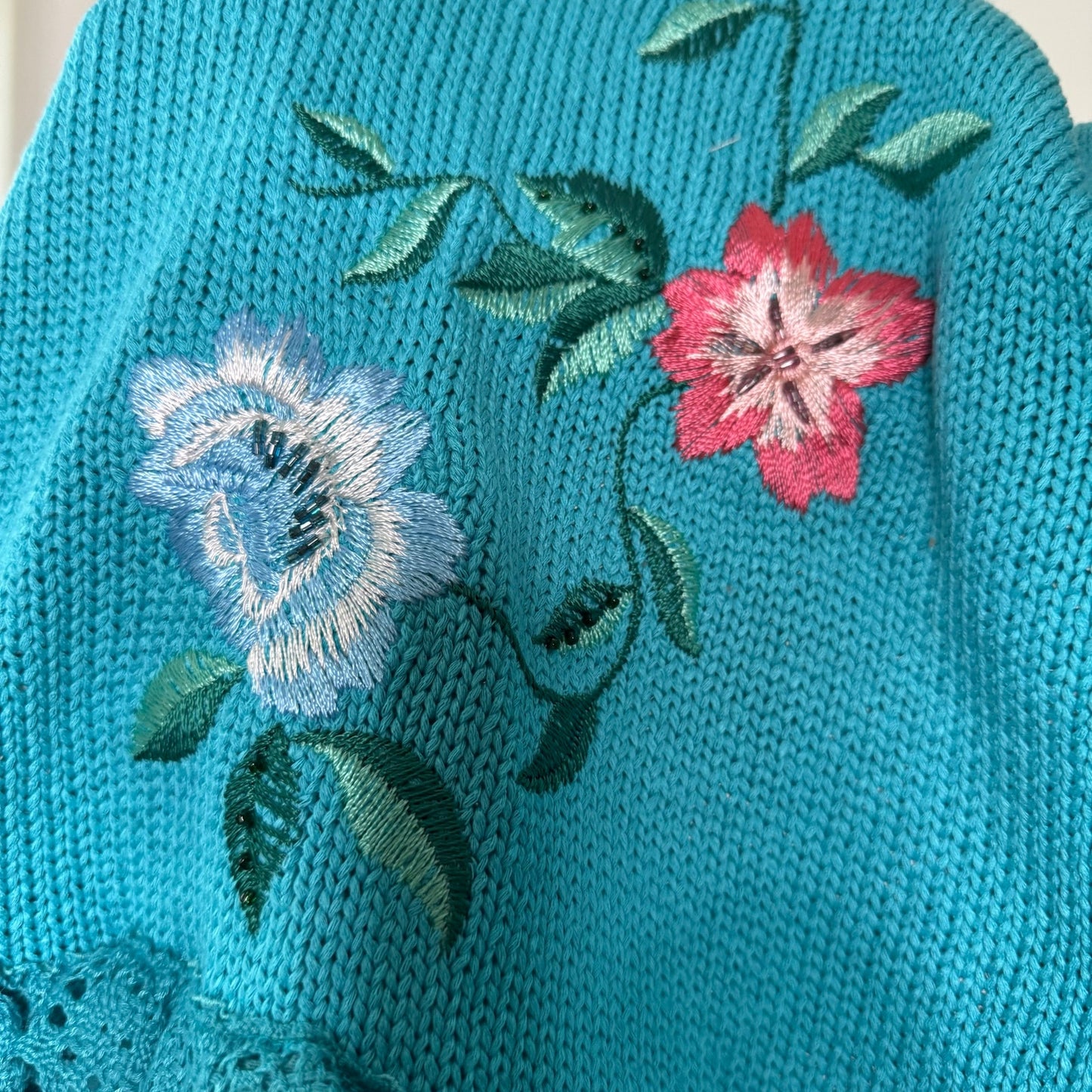 Vintage Turquoise Blue Floral Embroidered Knit Lace Midi Skirt Italian Y2K (XS/S)