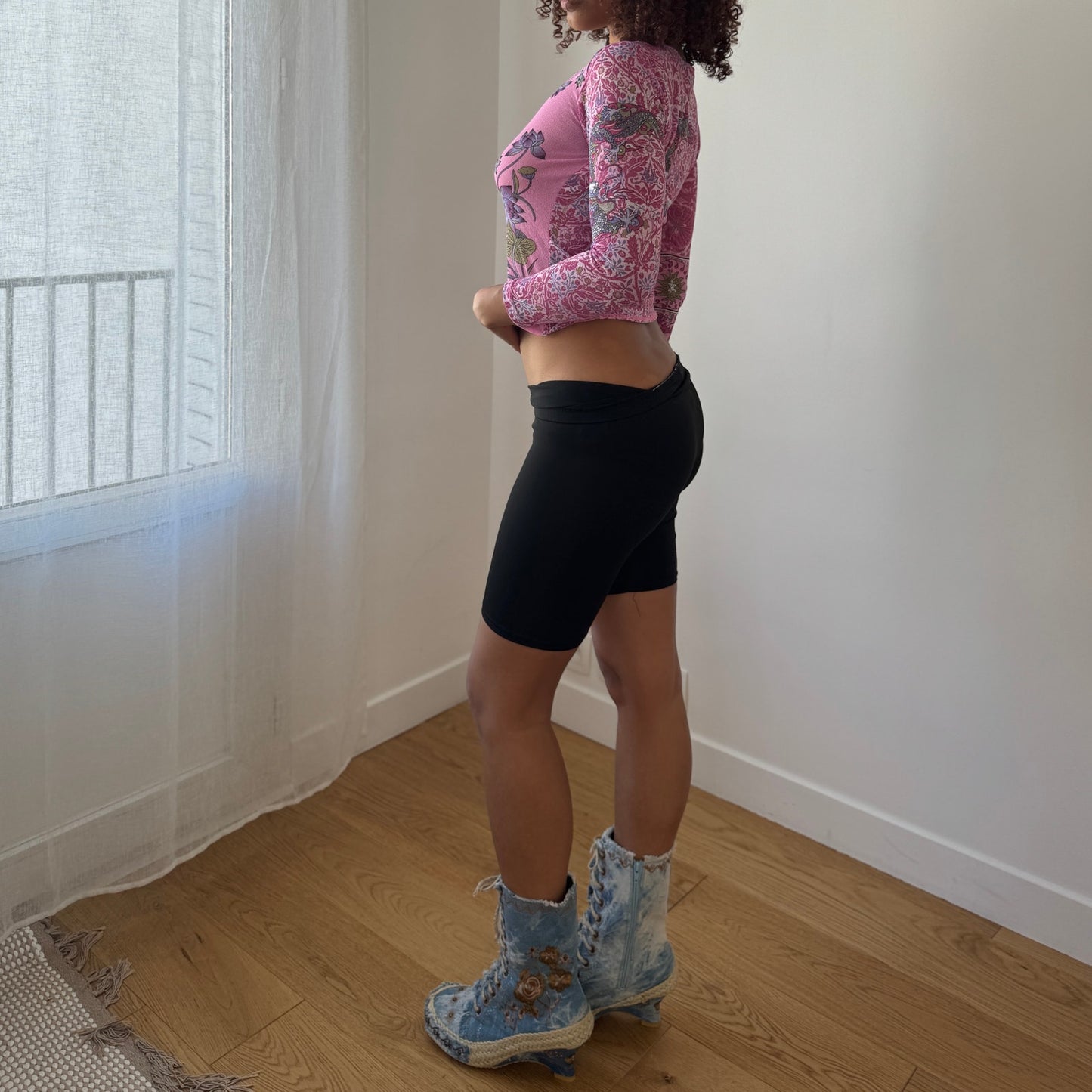 Vintage Italian Pink Floral Mesh Long Sleeve Top Semi Sheer (S)