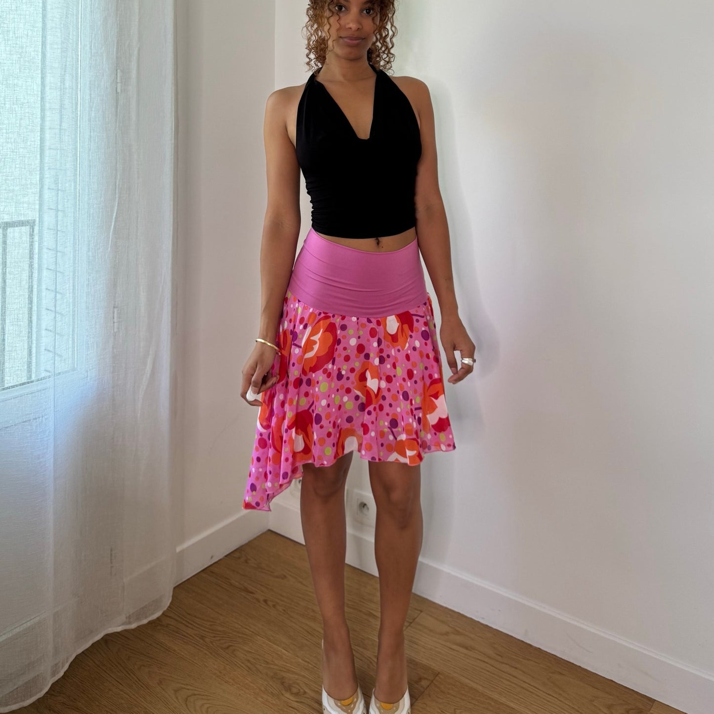 Vintage Pink Abstract Mesh Handkerchief Skirt Y2K (S)