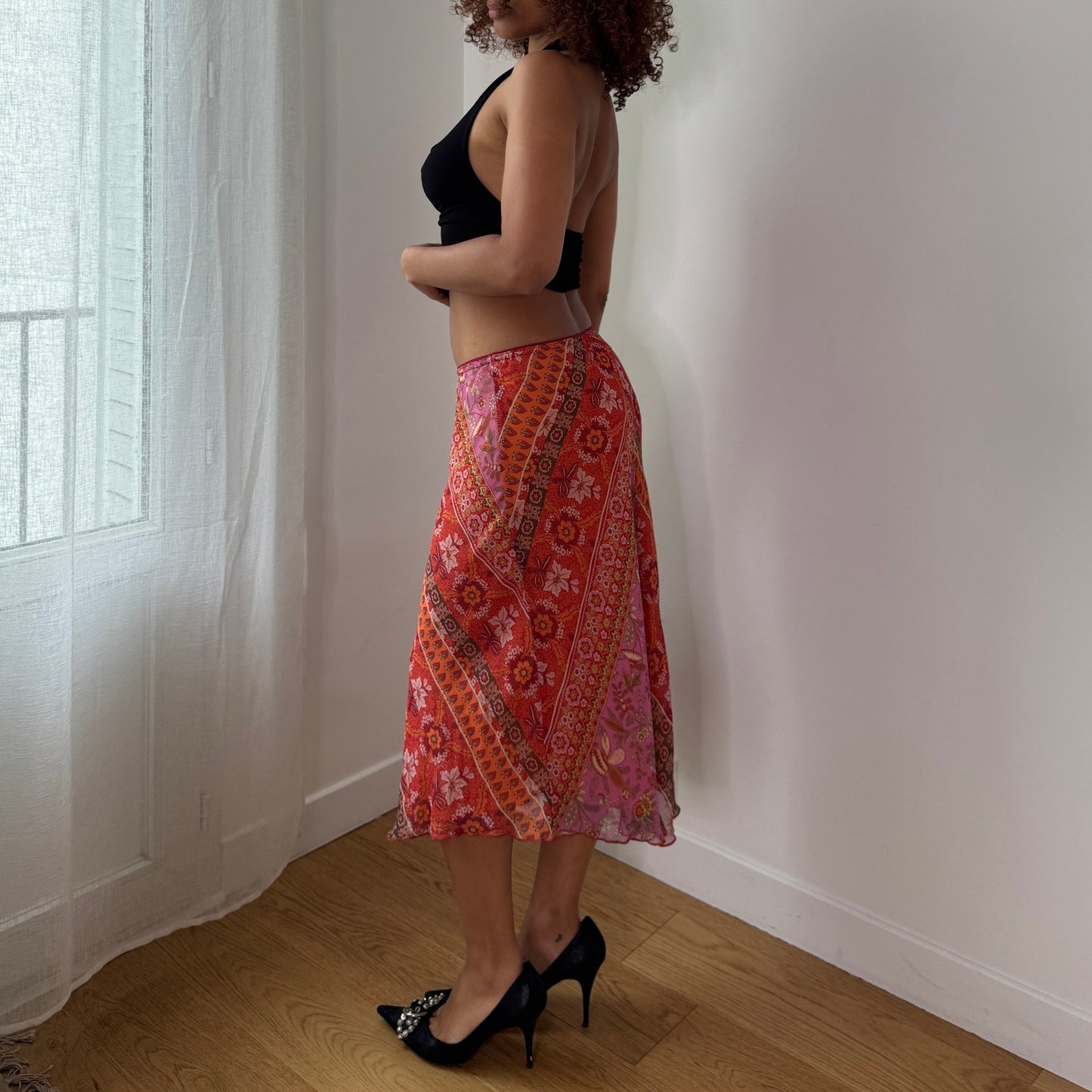 Vintage Patchwork Floral Mesh Midi Skirt Y2K Boho Fairy Skirt (S) ⠀