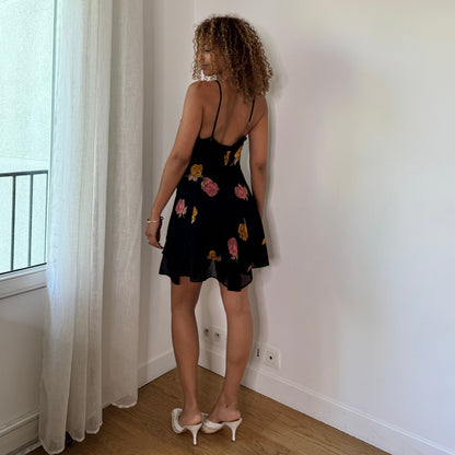 Vintage Black Pink Mustard Floral Mesh Mini Dress Italian Y2K (S/M)