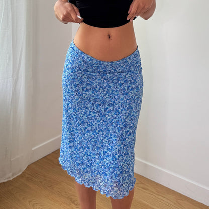 Vintage Blue Floral Mesh Midi Skirt Italian Y2K Ditsy Floral Skirt (S) ⠀