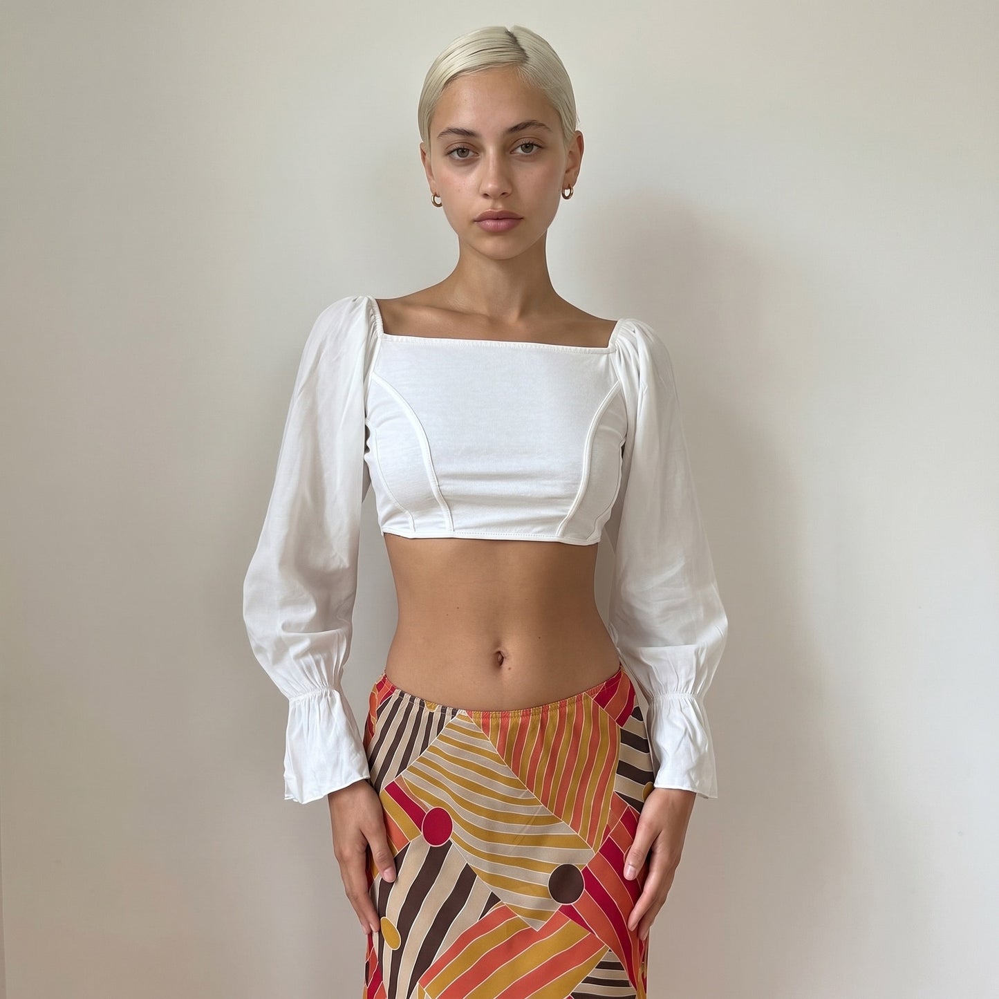 Vintage White Cotton Puff Sleeve Crop Top Square Neck Italian Y2K (S/M)