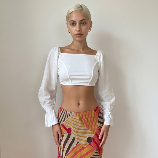 Vintage White Cotton Puff Sleeve Crop Top Square Neck Italian Y2K (S/M)