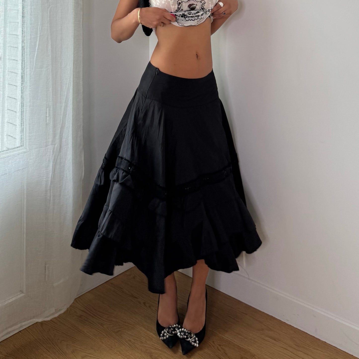 Vintage Black Tiered Midi Skirt Beaded Velvet Trim Italian Y2K (S)