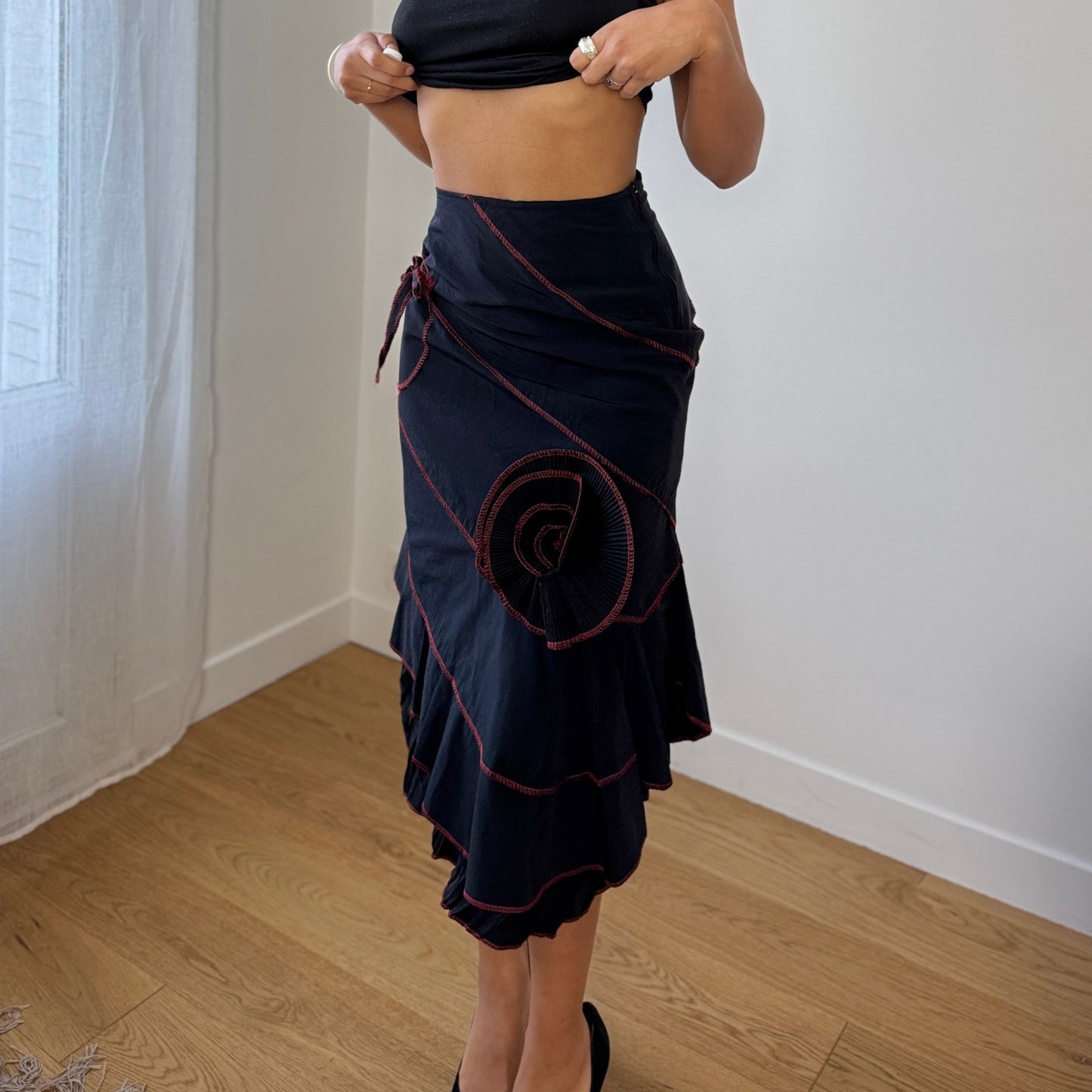 Vintage French Black Midi Skirt Red Contrast Stitch Asymmetrical Hem (XS)