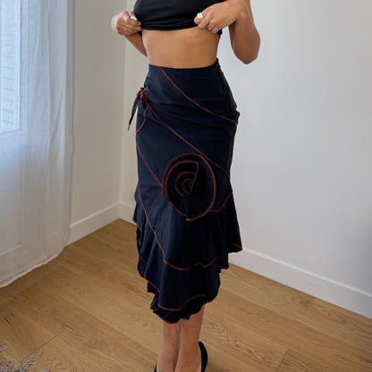 Vintage French Black Midi Skirt Red Contrast Stitch Asymmetrical Hem (XS)