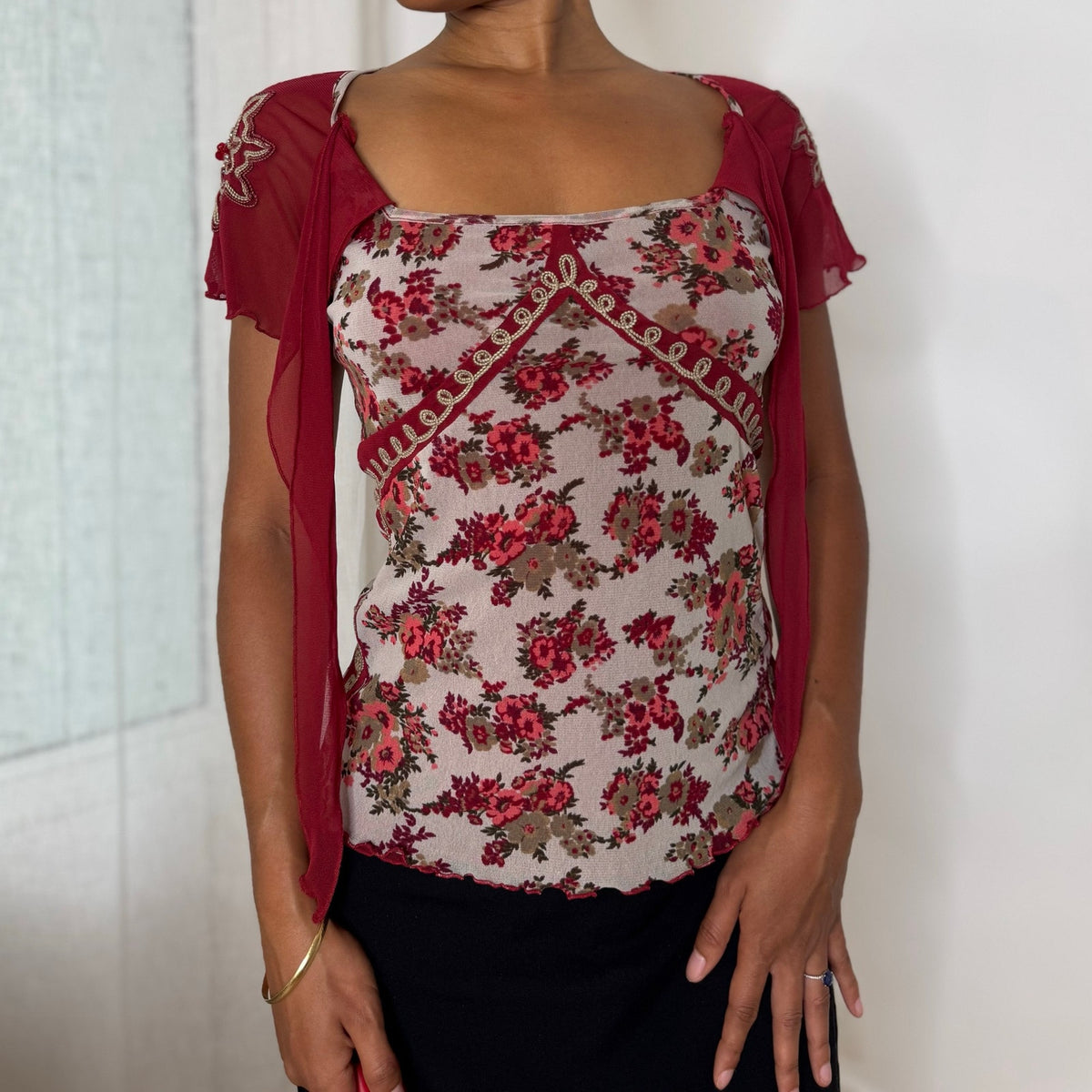 Italian vintage Y2K burgundy floral mesh top with beaded embroidered sleeves and tie-front neckline