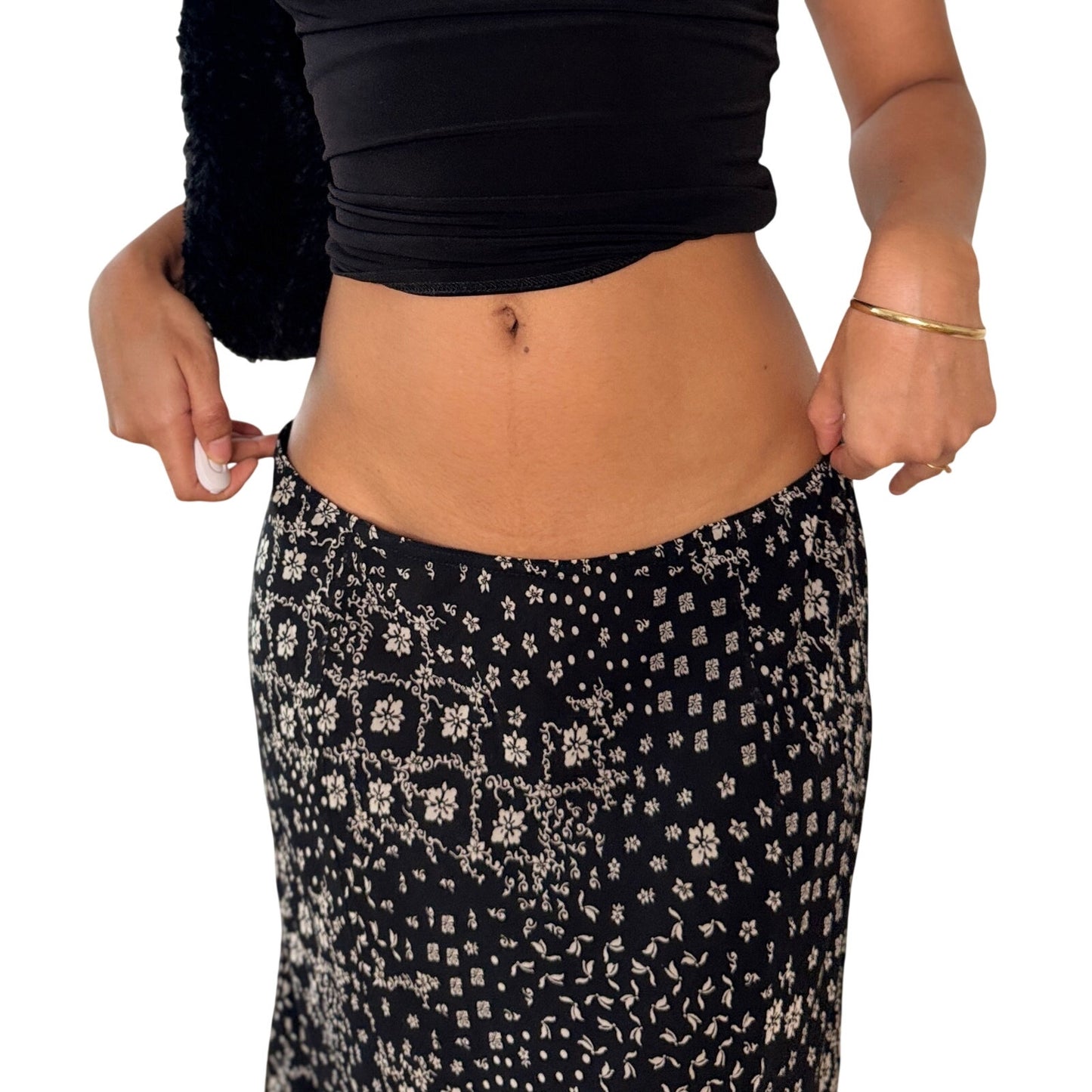 Vintage Italian Black White Floral Mesh Maxi Skirt Ruffle Hem (S/M)