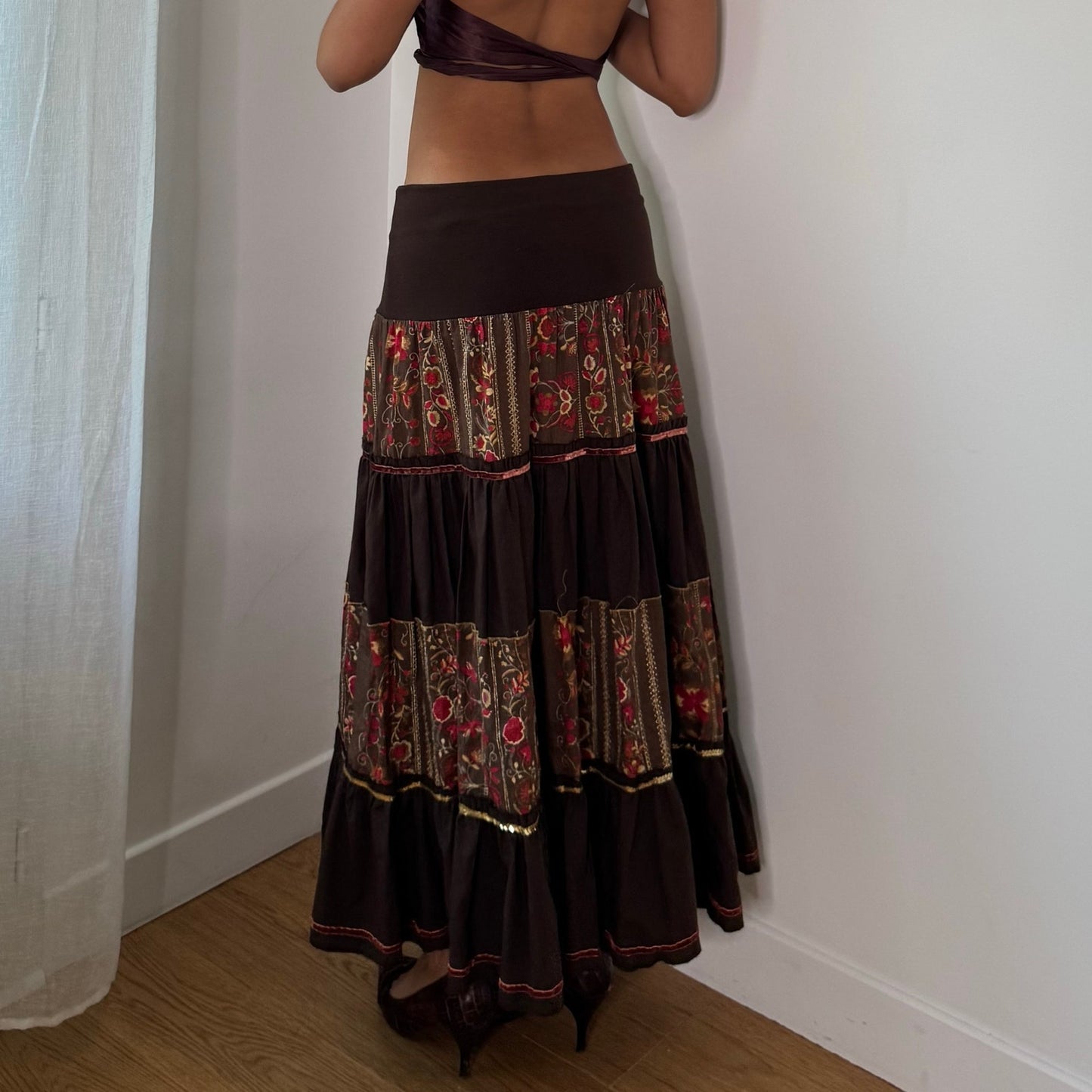 Vintage Brown Floral Tiered Maxi Skirt Italian Boho Y2K (S/M)