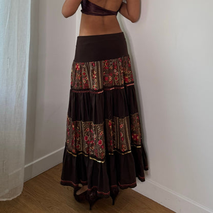Vintage Brown Floral Tiered Maxi Skirt Italian Boho Y2K (S/M)