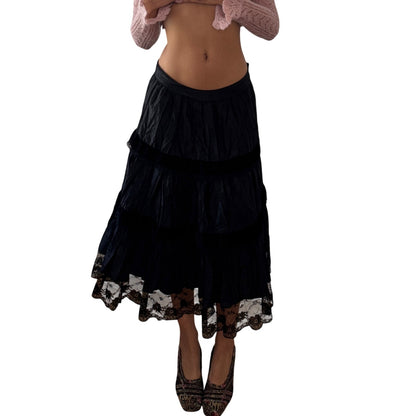 Vintage Italian Black Tiered Midi Skirt Lace Trim (S)