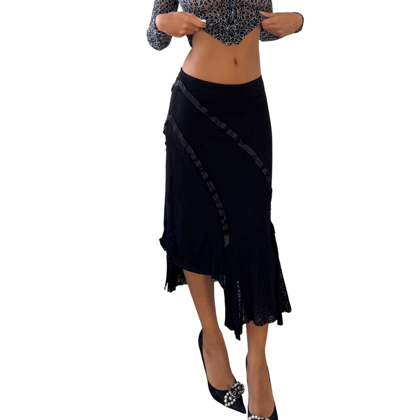 Vintage Euro black lace asymmetric flounce skirt with satin trim (Small)