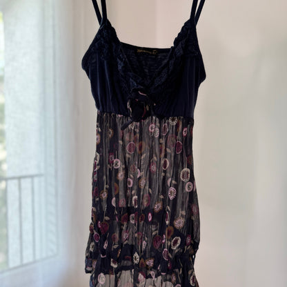 Vintage Navy Blue Floral Sheer Mesh Ruched Cami Top Euro Y2K (S)