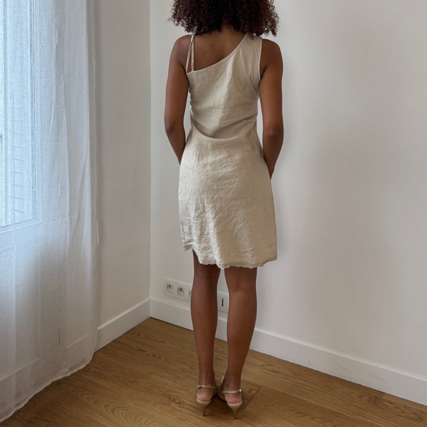 Vintage Italian Beige One-Shoulder Linen Dress (S)