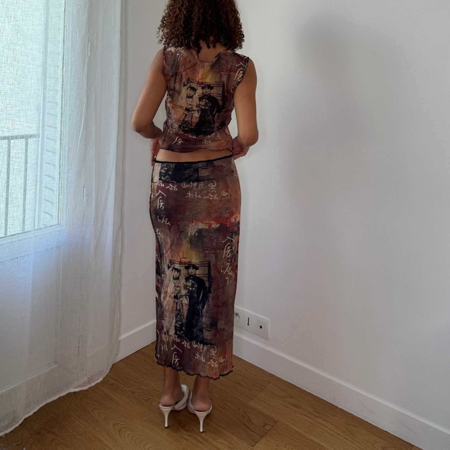 Vintage Euro Mesh Graphic Skirt Set Y2K Sheer Editorial Two Piece (S/M)