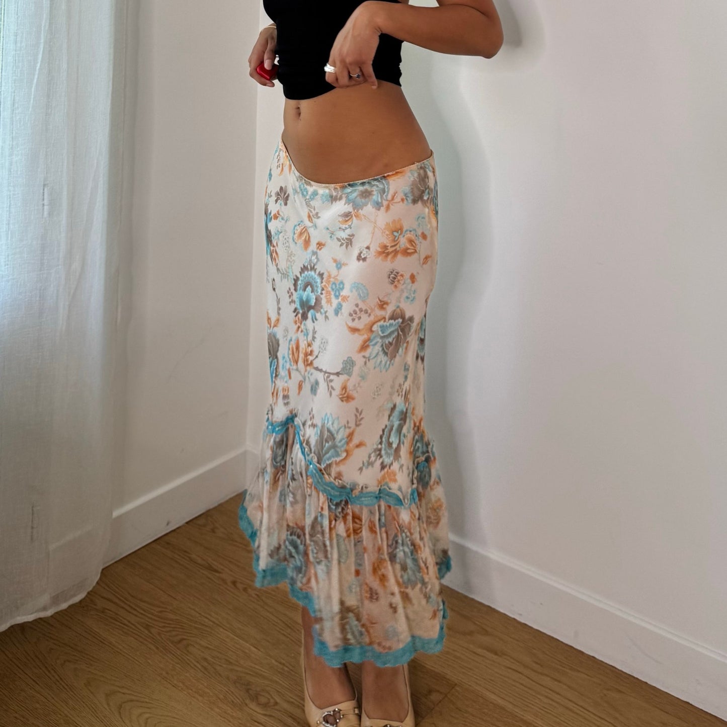 Vintage Silk Floral Mesh Ruffle Midi Skirt Italian Y2K (S)