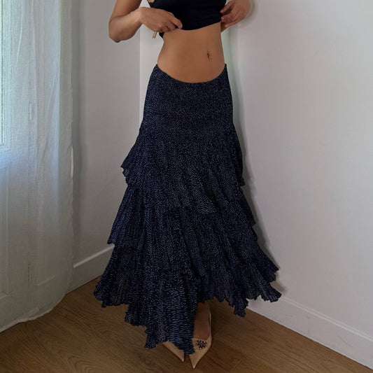Vintage Navy Micro Polka Dot Tiered Ruffle Maxi Skirt (S)
