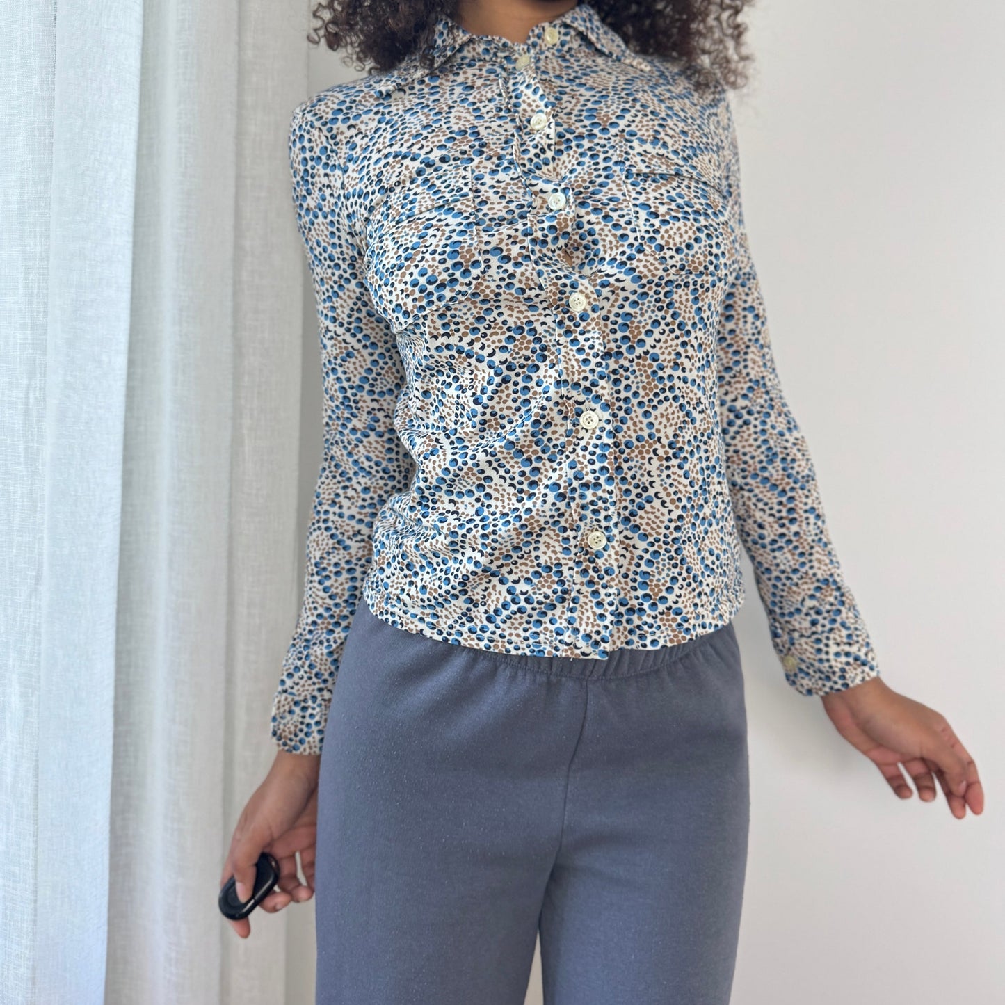 Vintage Italian Button-Up Mesh Blouse with Micro Dot Print (XS)