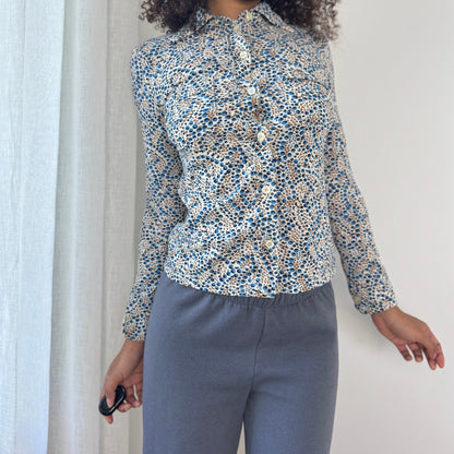 Vintage Italian Button-Up Mesh Blouse with Micro Dot Print (XS)