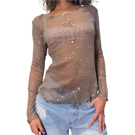 Italian Vintage nude color sheer micro mesh long sleeve with sparkles (XS/M)