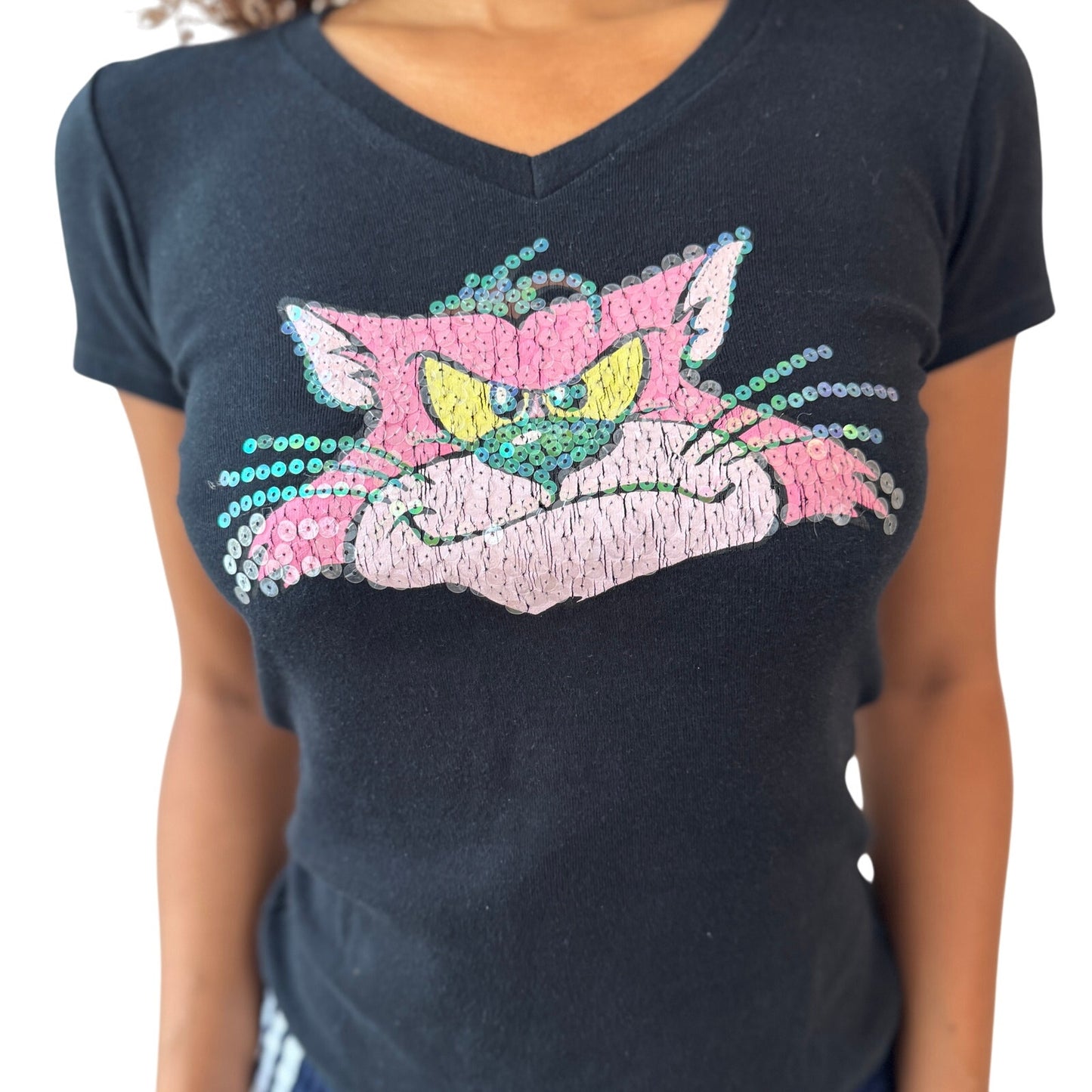 Italian Vintage Benetton Sequin Cat V-Neck Baby Tee (Small)