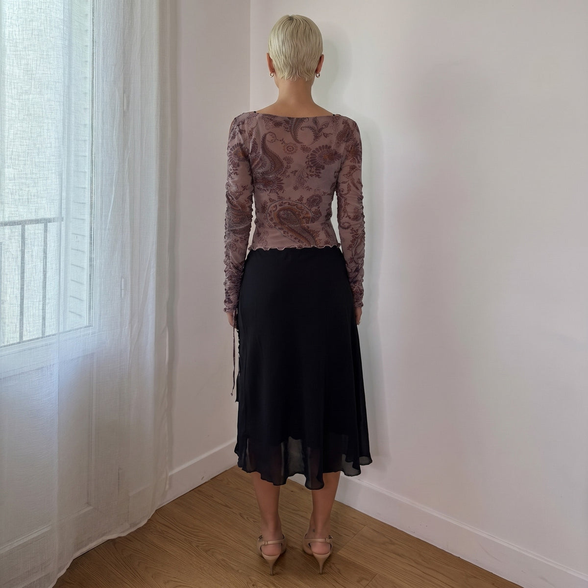 Vintage Taupe Pink Paisley Mesh Top Ruched Drawstring Marella Japan Collection Y2K (S/M)
