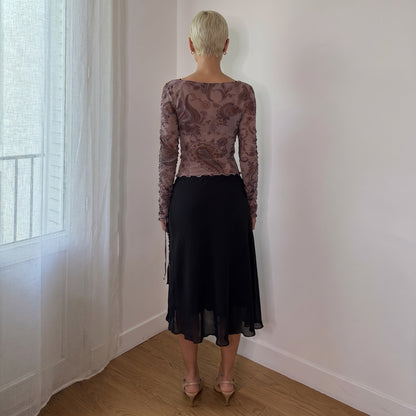 Vintage Taupe Pink Paisley Mesh Top Ruched Drawstring Marella Japan Collection Y2K (S/M)