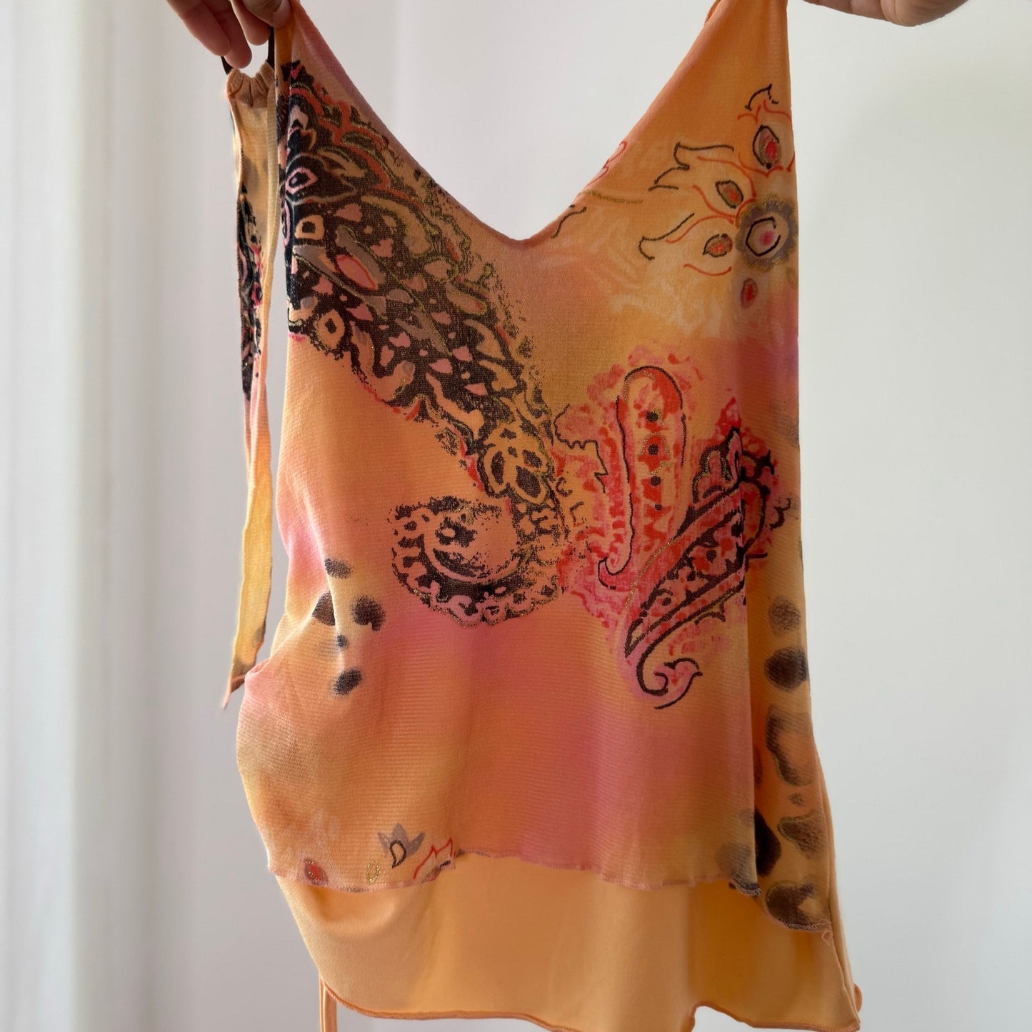 Vintage Peach Orange Pink Paisley Layered Mesh Halter Top Italian Y2K (S/M)