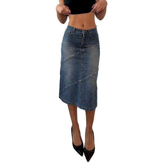 Vintage Blue Denim Midi Skirt Stud Detail Y2K Euro (S)