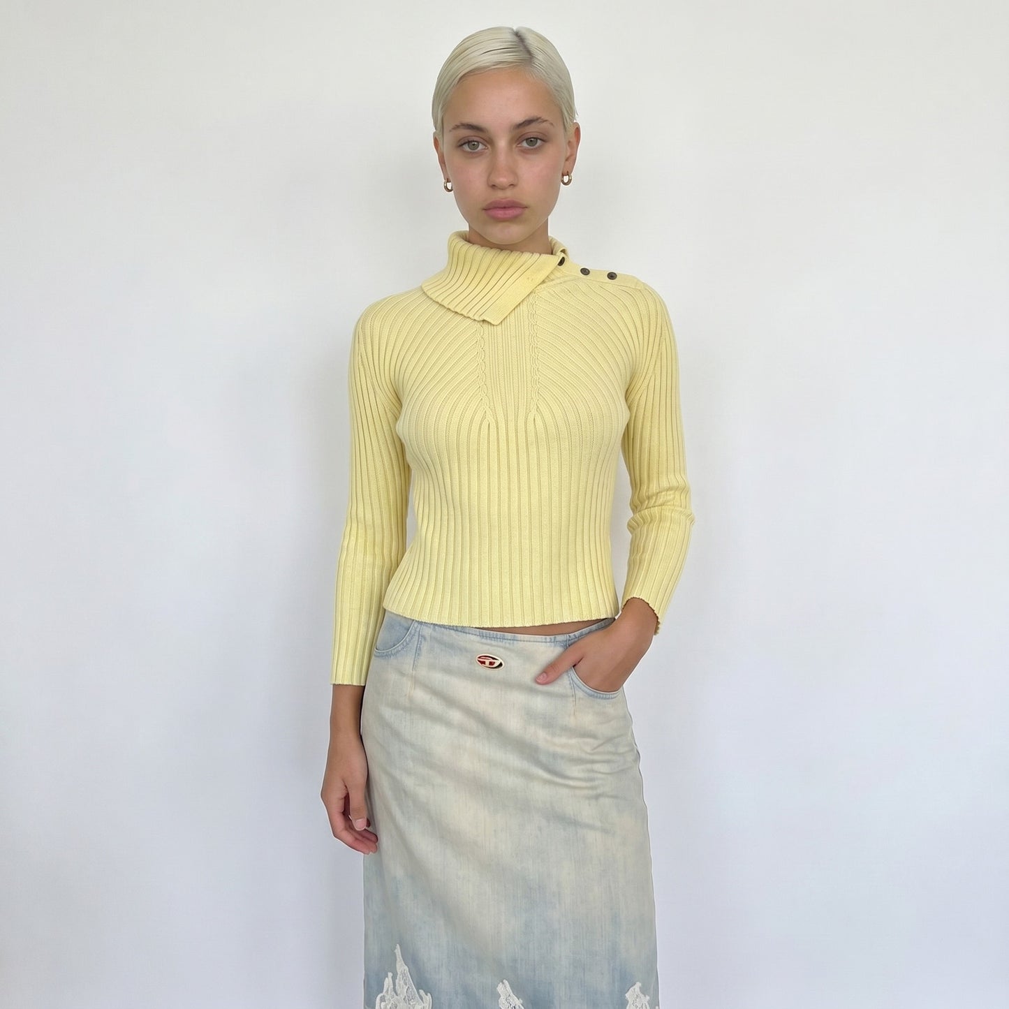 Vintage Yellow Ribbed Knit Merino Wool Sweater Foldover Neck Italian Y2K (S)