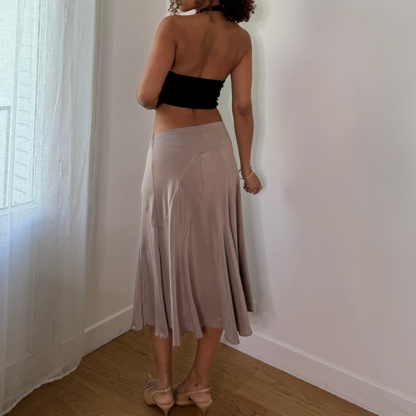 Vintage Taupe Beige Slinky Asymmetrical Midi Skirt Italian Y2K (S)