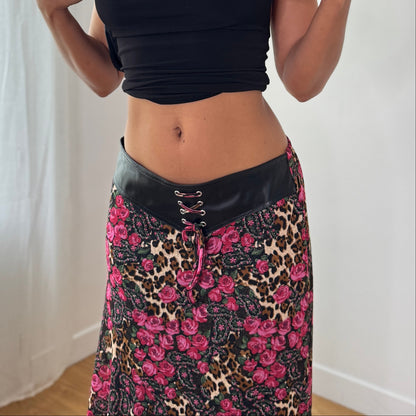 Vintage French Floral Leopard Mesh Midi Skirt Y2K Lace Up Skirt (S) ⠀