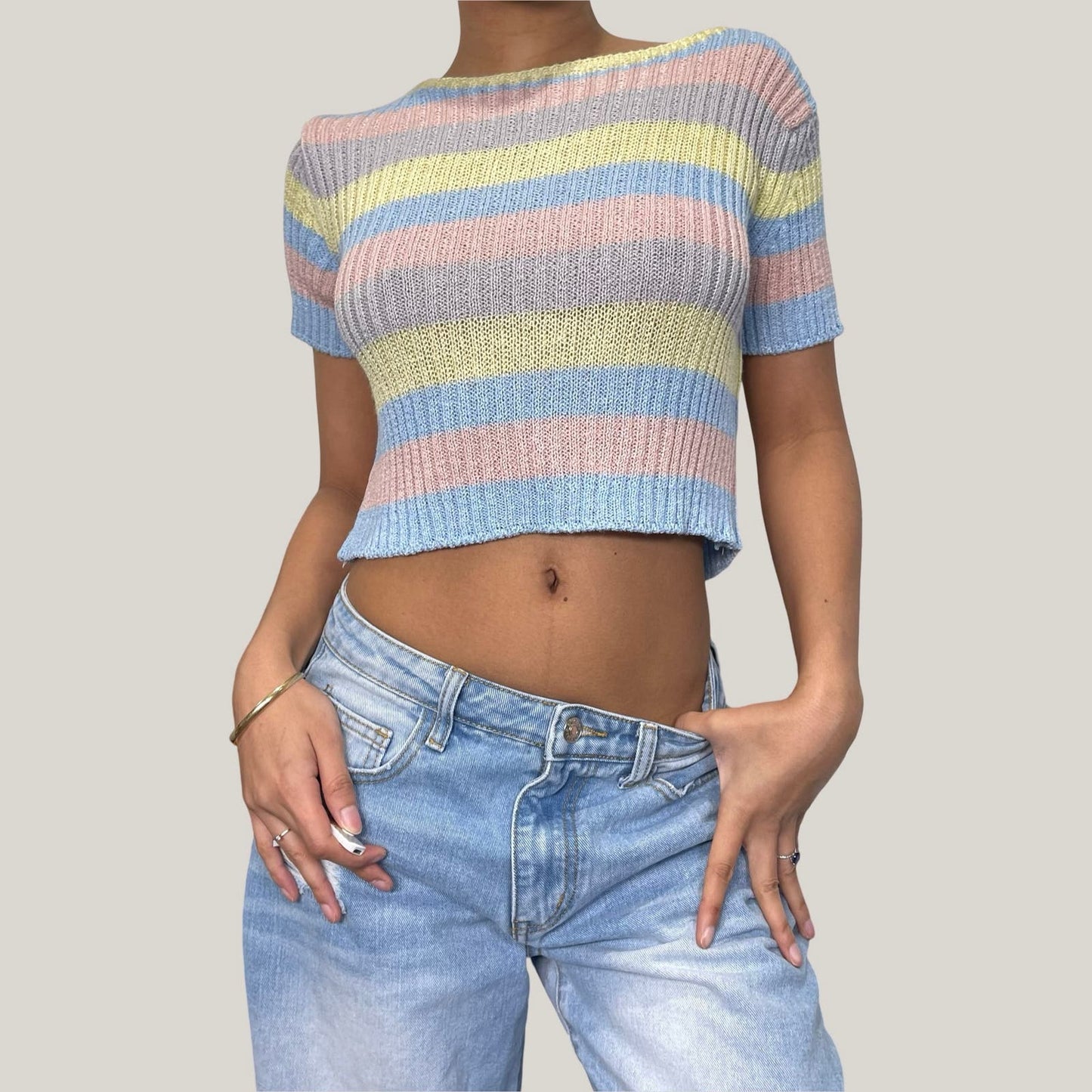 Made in Italy - Vintage Y2K pastel striped knit baby tee (XS-S) Basic cute