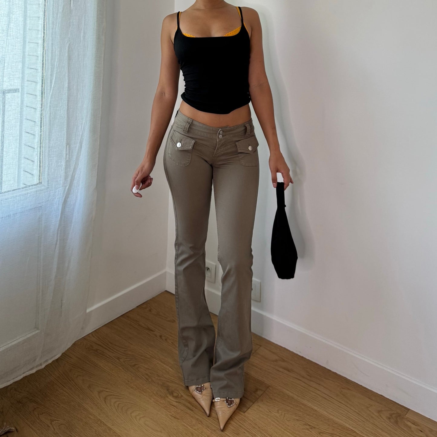 Vintage Taupe Low Rise Flare Pants Cargo Pocket Y2K Cotton (XS/S)