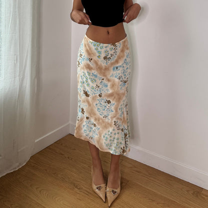 Vintage Beige Blue Floral Silk Mesh Midi Skirt Gerard Darel Bias Cut Skirt (S) ⠀