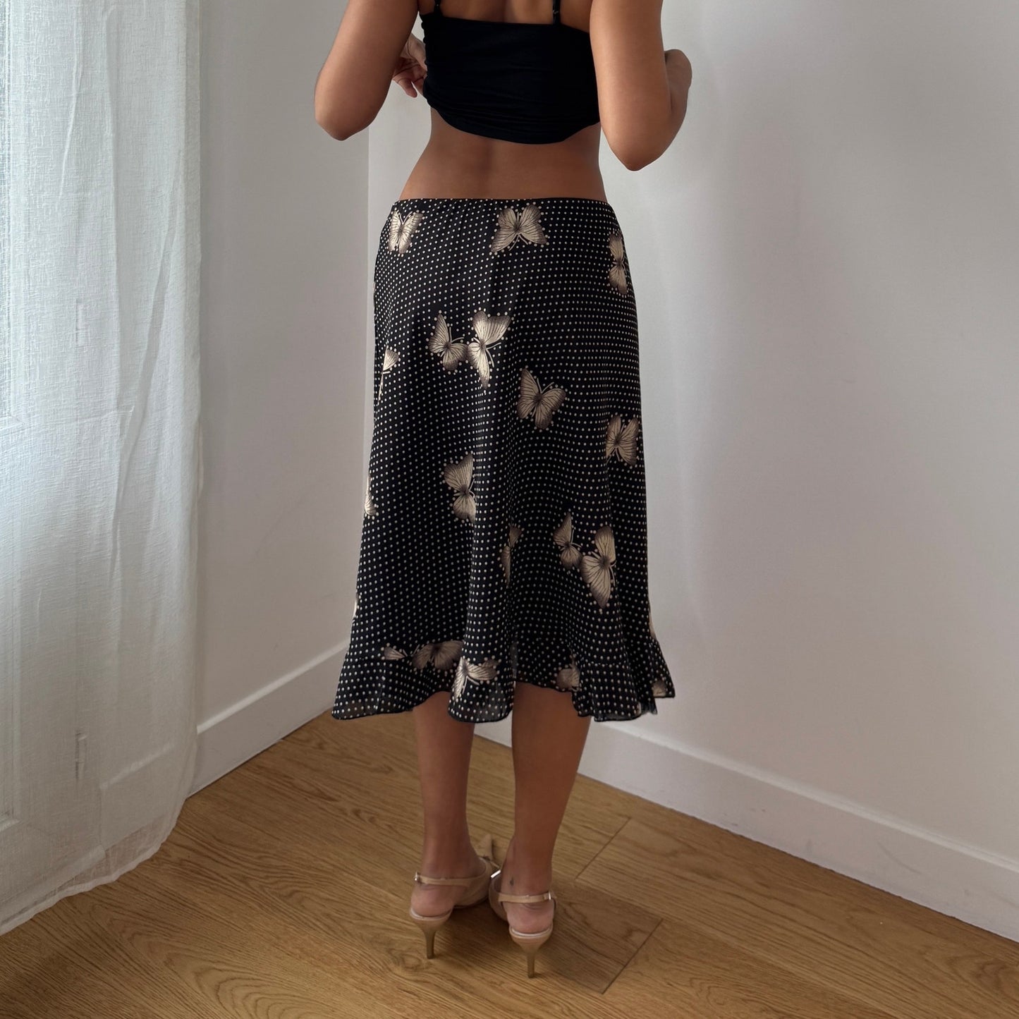 Vintage Brown Polka Dot Butterfly Mesh Midi Skirt Sheer Ruffle Hem Italy Y2K (S)
