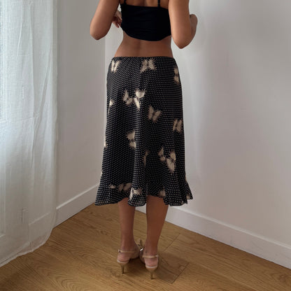 Vintage Brown Polka Dot Butterfly Mesh Midi Skirt Sheer Ruffle Hem Italy Y2K (S)