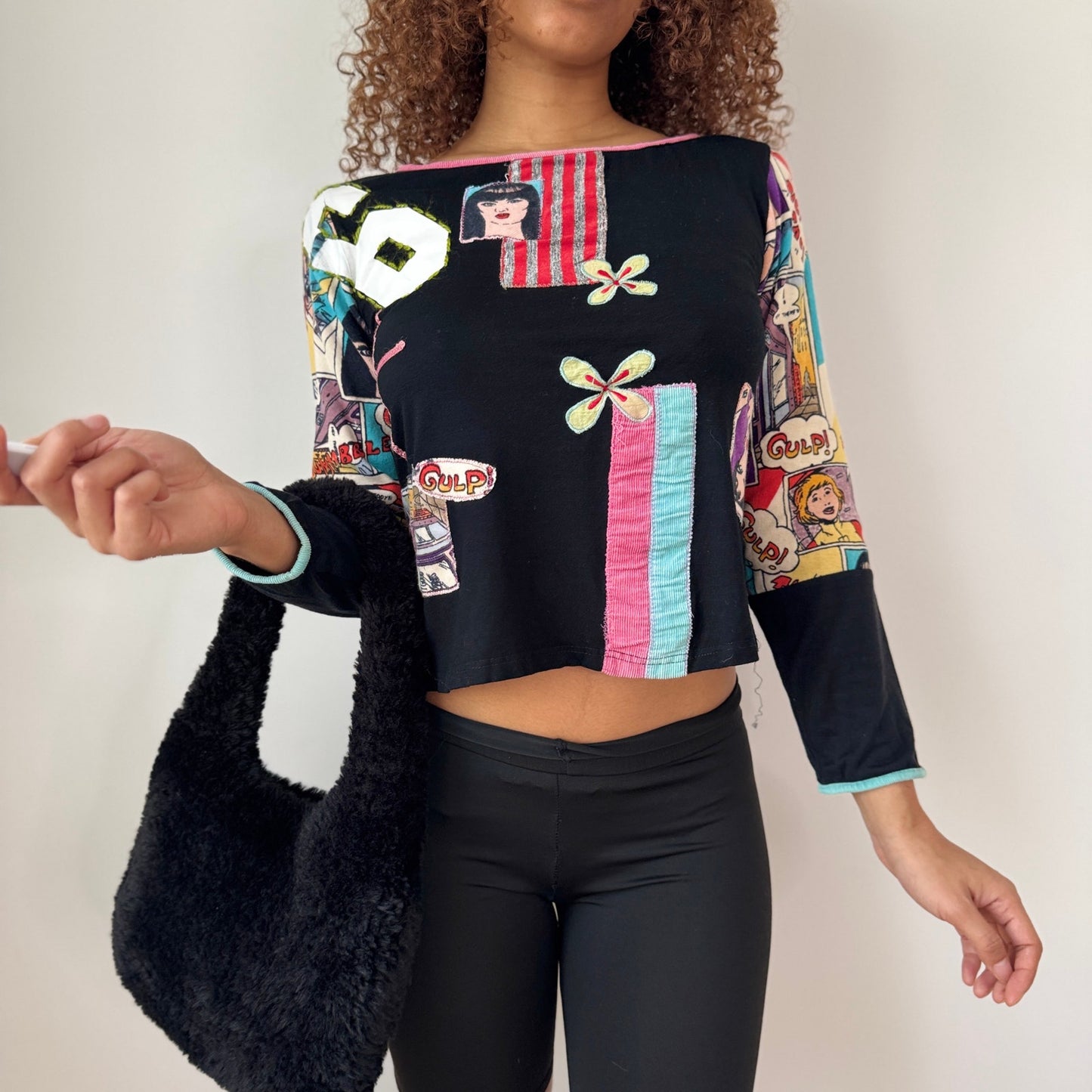 Vintage Derhy Patchwork Graphic Top Mixed Print Artsy Y2K (S)