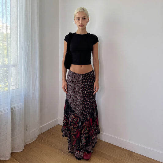Vintage Black Red Patchwork Mesh Maxi Skirt Floral Plaid Italy Y2K (S)